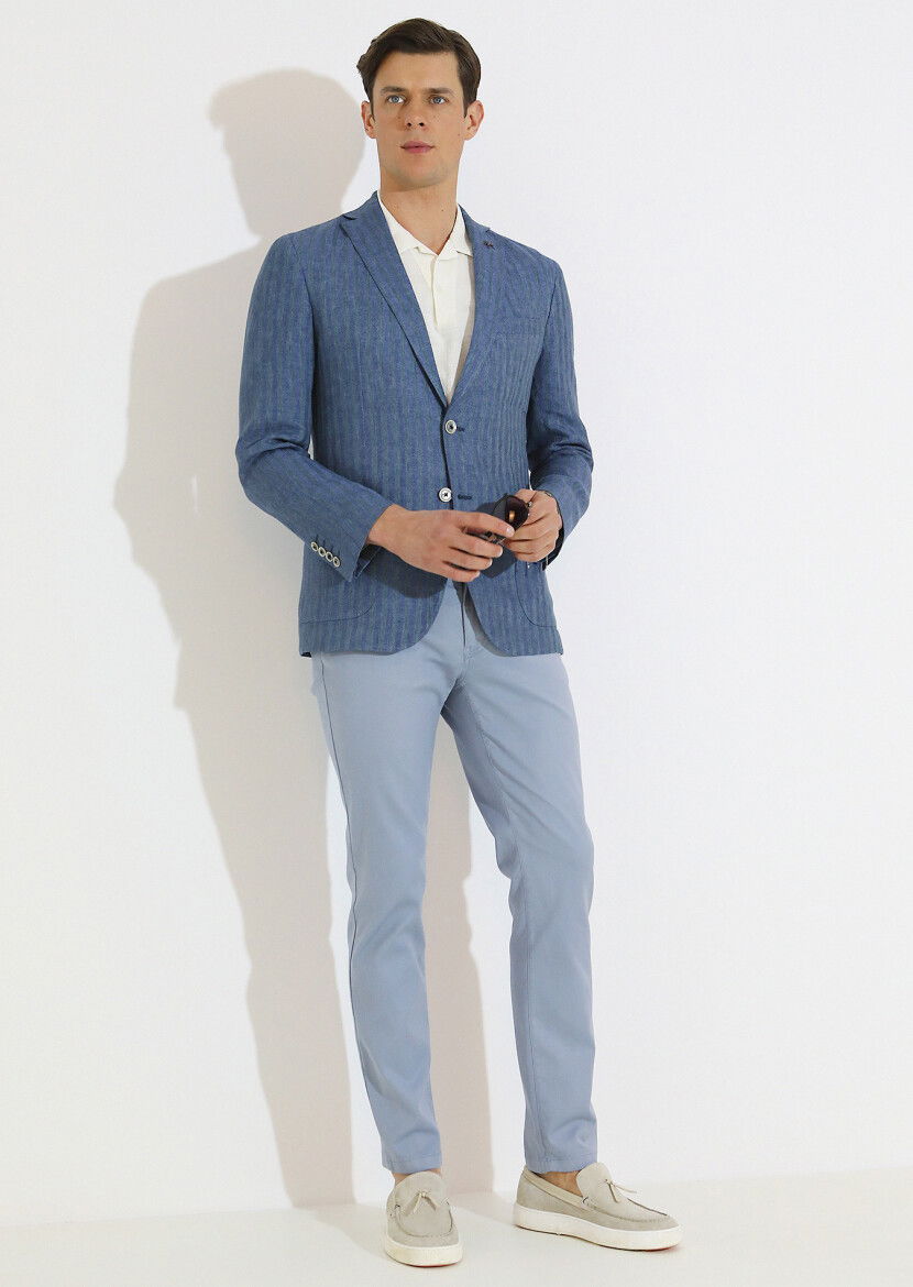Petrol Desenli Shirt Shoulder Slim Fit %100 Keten Ceket - 5