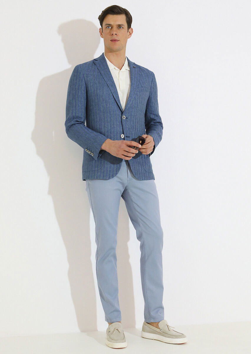 Petrol Desenli Shirt Shoulder Slim Fit %100 Keten Ceket - 5
