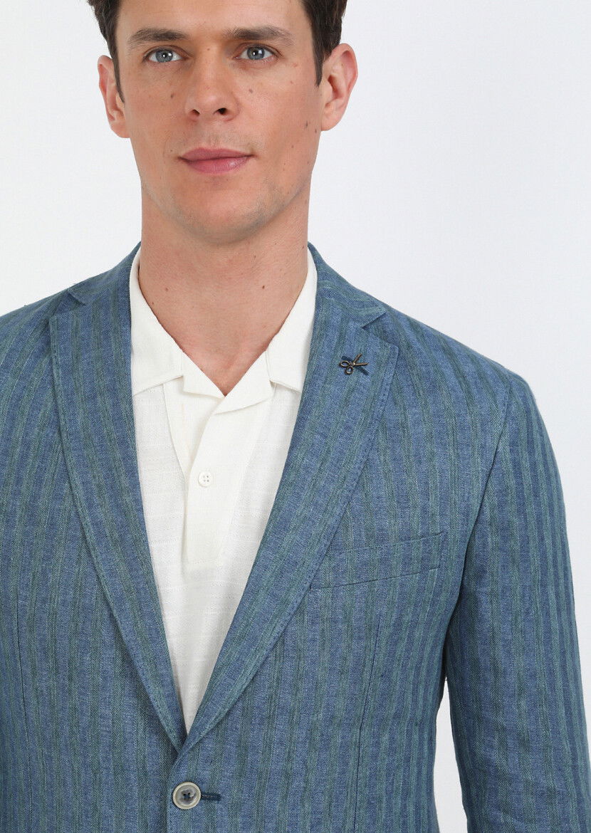 Petrol Desenli Shirt Shoulder Slim Fit %100 Keten Ceket - 6