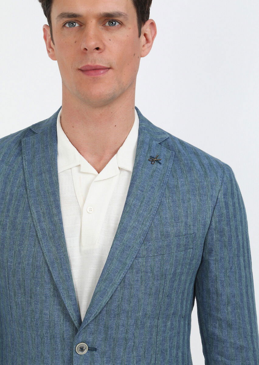 Petrol Desenli Shirt Shoulder Slim Fit %100 Keten Ceket - 6