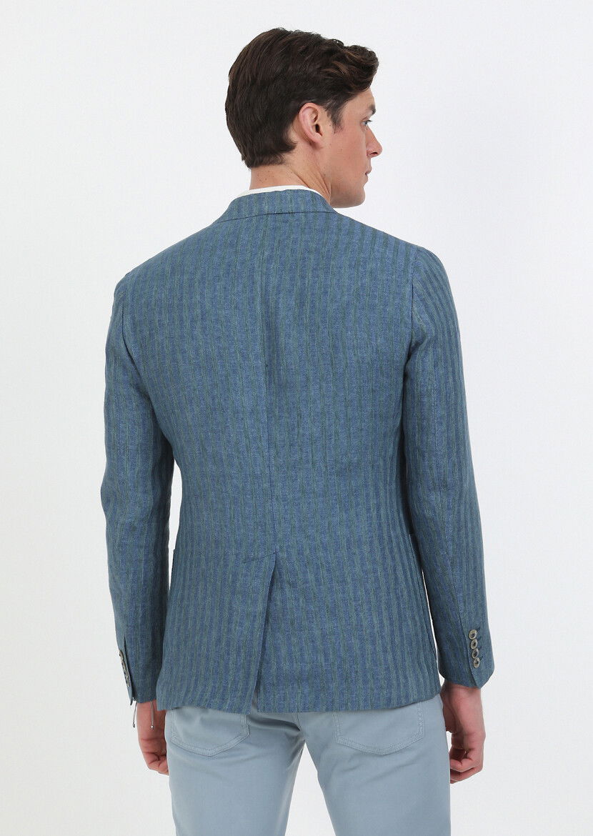 Petrol Desenli Shirt Shoulder Slim Fit %100 Keten Ceket - 8