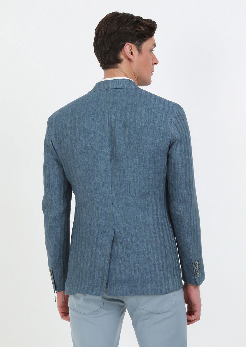 Petrol Desenli Shirt Shoulder Slim Fit %100 Keten Ceket - 8