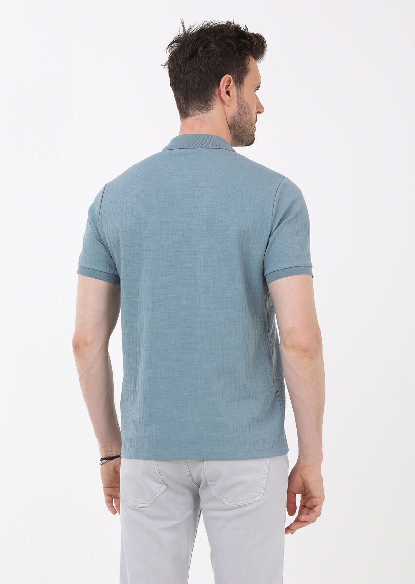 Petrol Jakarlı Polo Yaka Pamuk Karışımlı T-Shirt - 5