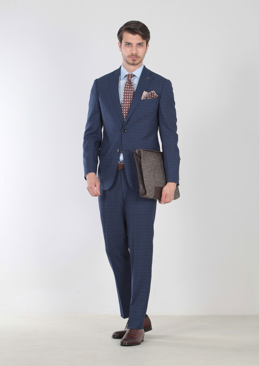 Saks Desenli Regular Fit %100 Yün Takım Elbise - 1