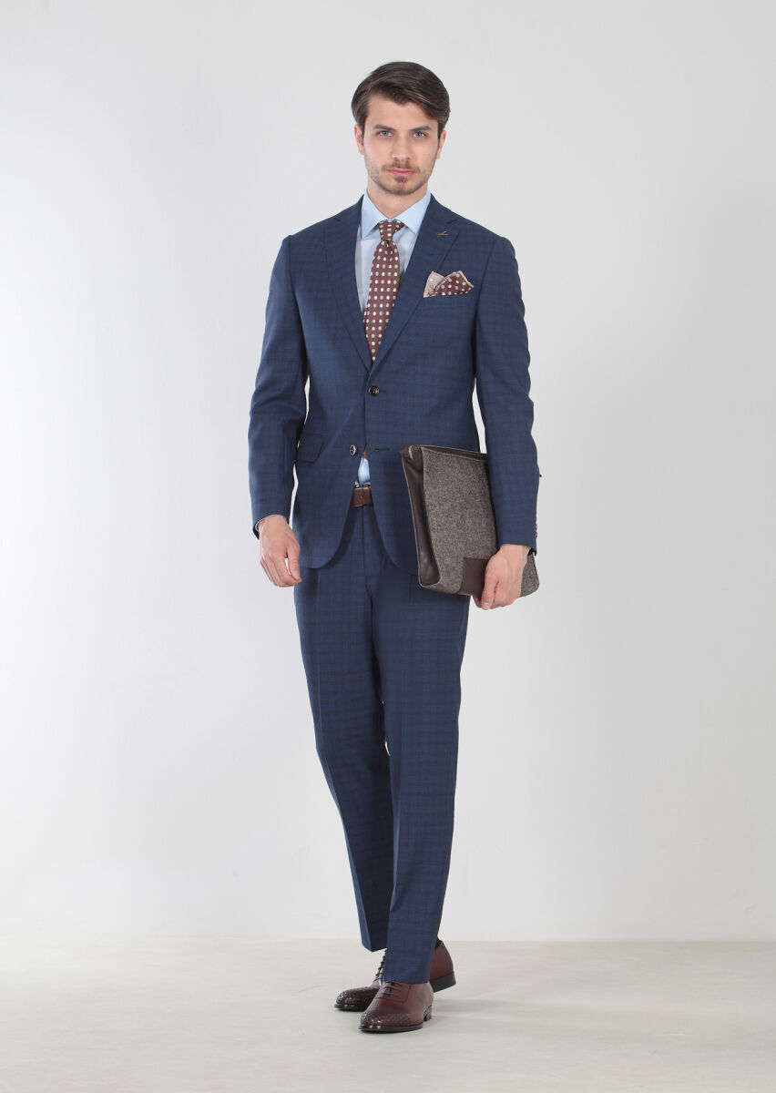 Saks Desenli Regular Fit %100 Yün Takım Elbise - 1