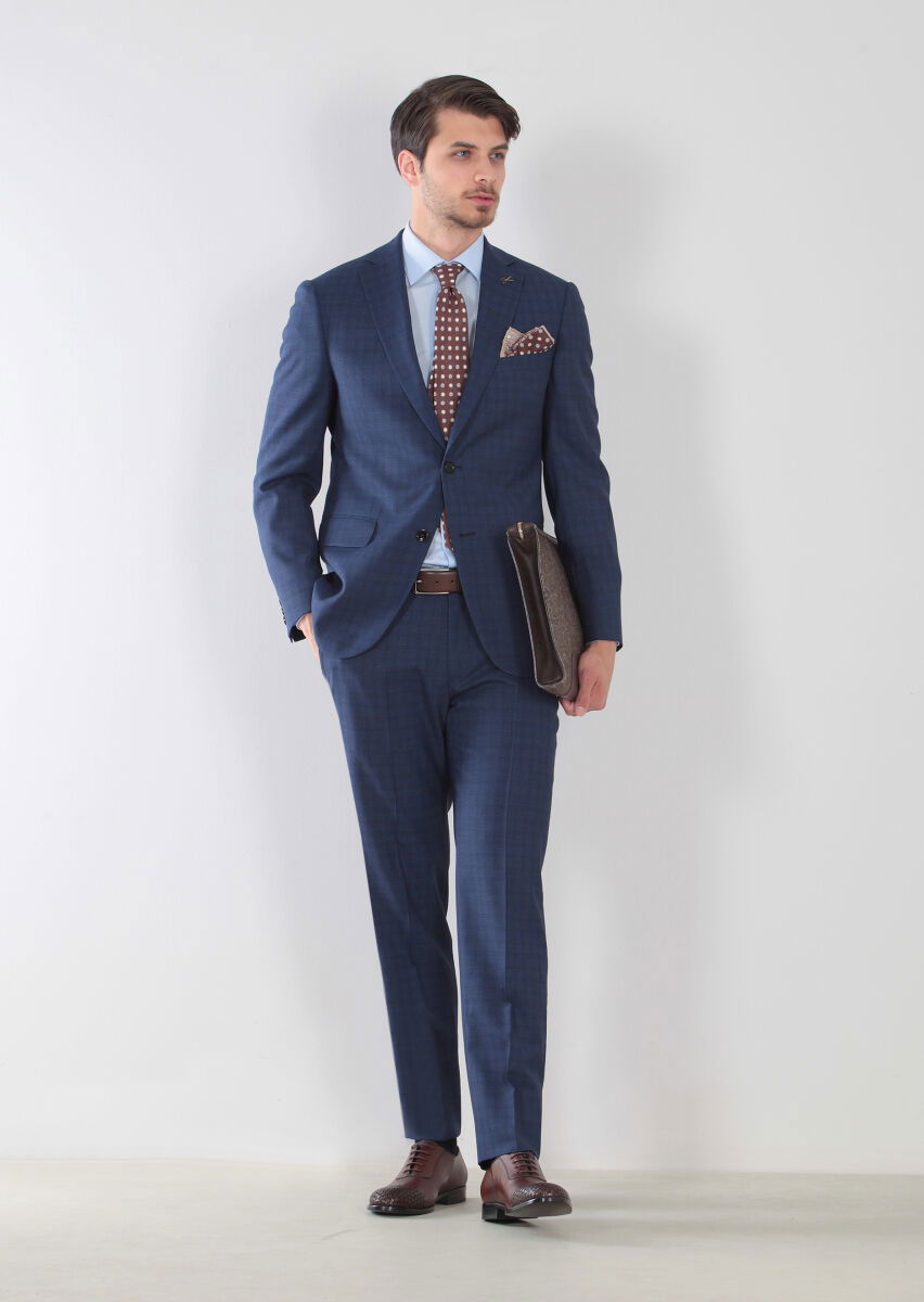 Saks Desenli Regular Fit %100 Yün Takım Elbise - 2