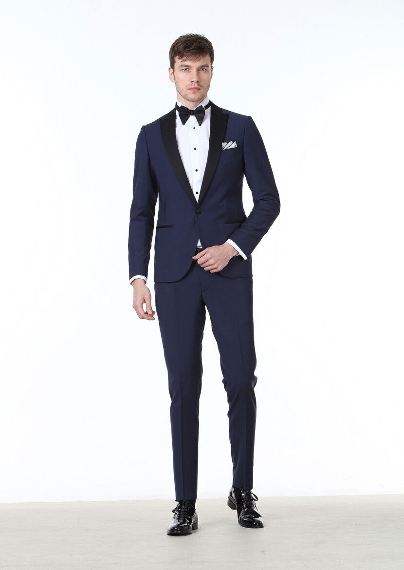 Saks Düz Fashion Slim Fit Kruvaze Yaka Dokuma Smokin Takım Elbise - 1