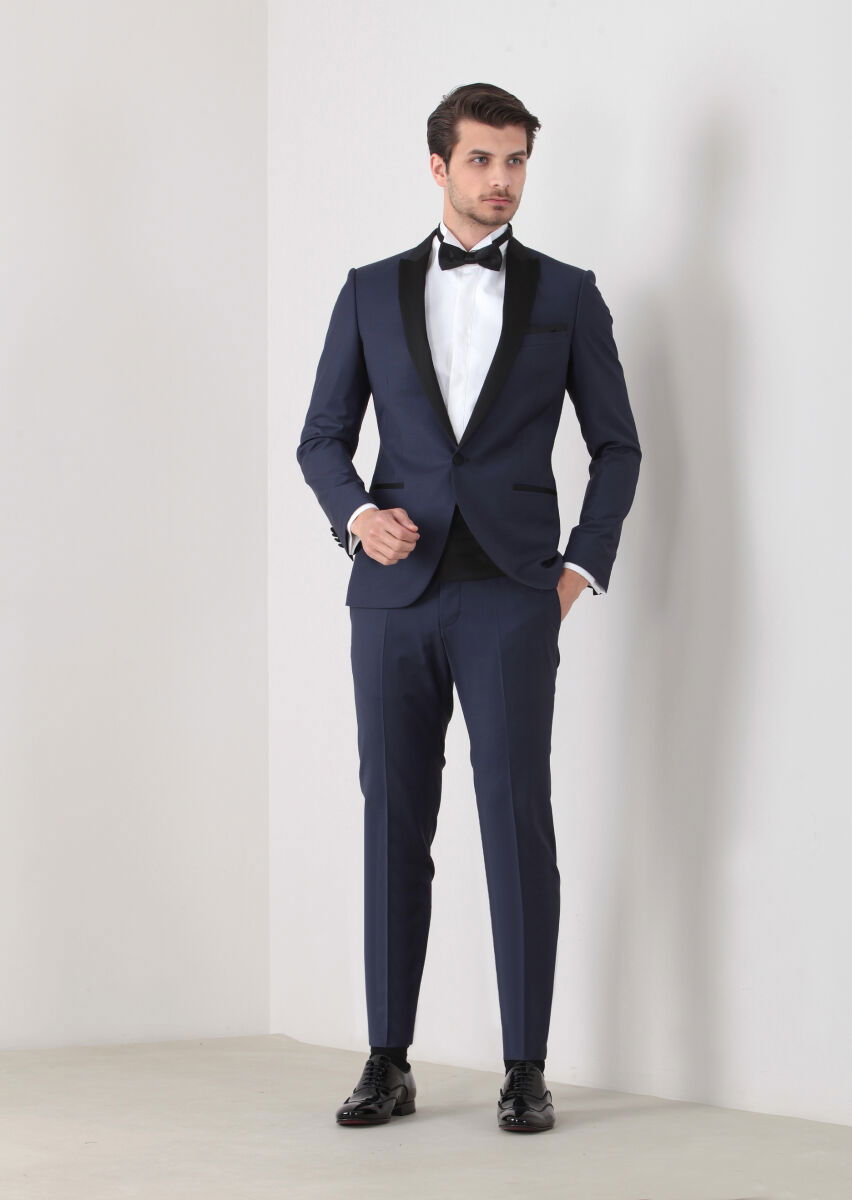 Saks Fashion Slim Fit Kruvaze Yaka Dokuma Smokin Takım Elbise - 1