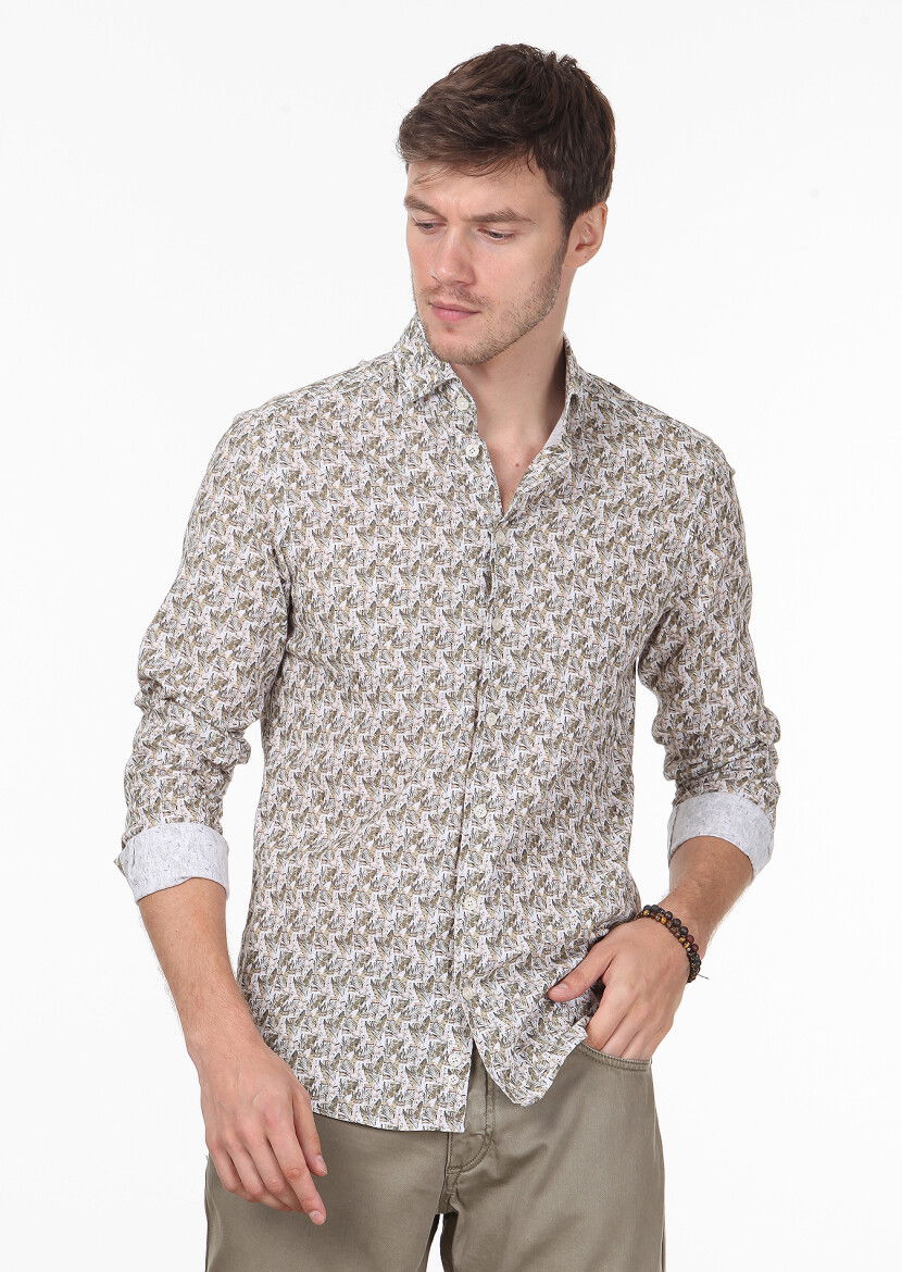Sarı Baskılı Regular Fit Dokuma Casual %100 Pamuk Gömlek 