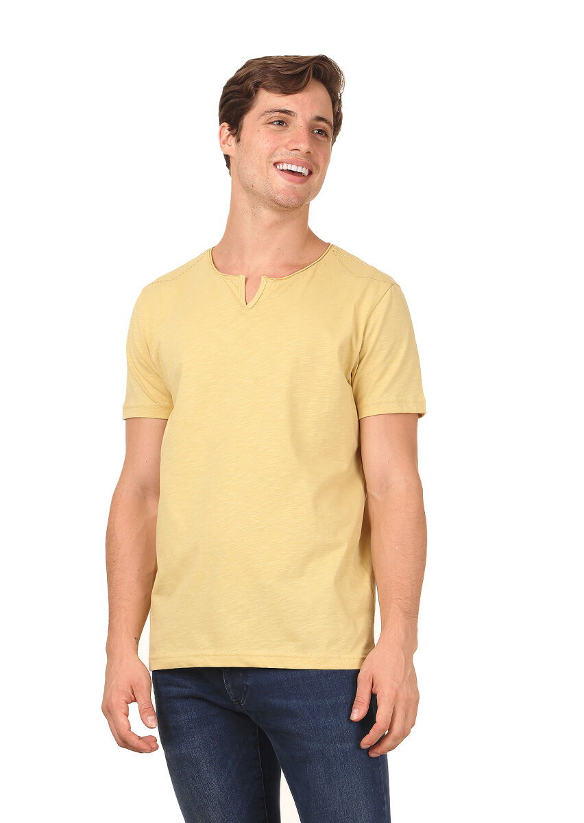Sarı Düz %100 Pamuk T-Shirt - 1