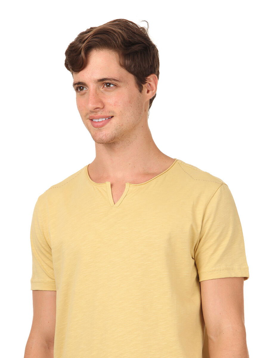 Sarı Düz %100 Pamuk T-Shirt - 2
