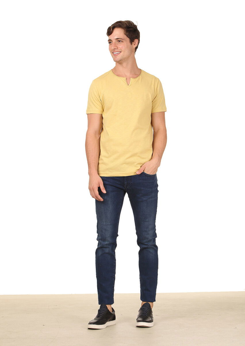 Sarı Düz %100 Pamuk T-Shirt - 3