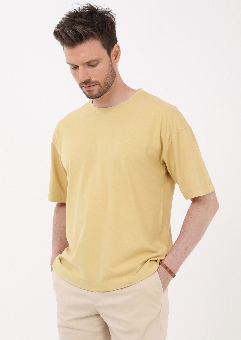 Sarı Düz Bisiklet Yaka %100 Pamuk T-Shirt 