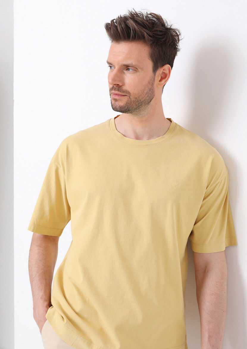 Sarı Düz Bisiklet Yaka %100 Pamuk T-Shirt 