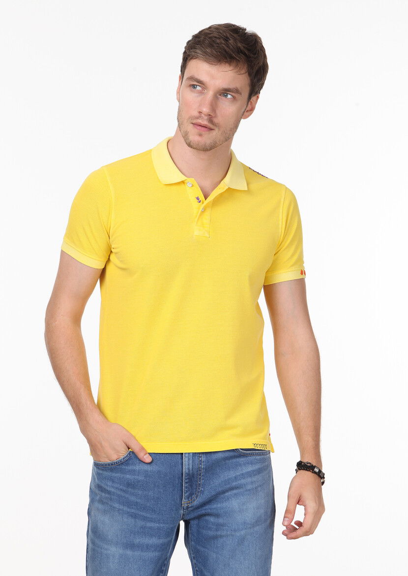 Sarı Düz Polo Yaka %100 Pamuk T-Shirt 