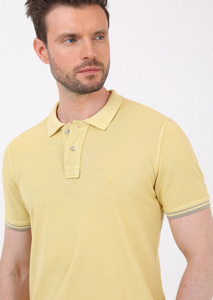 Sarı Düz Polo Yaka %100 Pamuk T-Shirt 