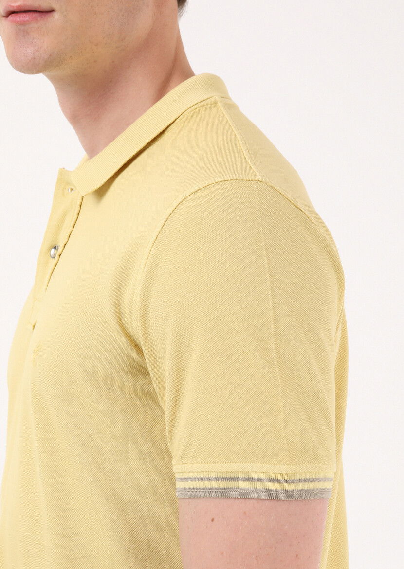 Sarı Düz Polo Yaka %100 Pamuk T-Shirt - 3