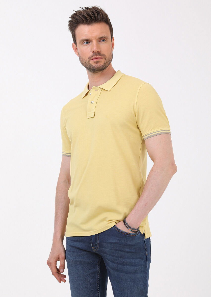Sarı Düz Polo Yaka %100 Pamuk T-Shirt - 5