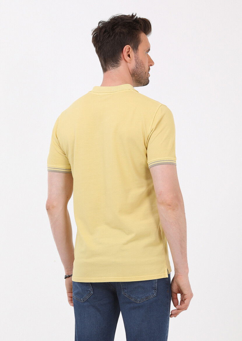 Sarı Düz Polo Yaka %100 Pamuk T-Shirt - 8