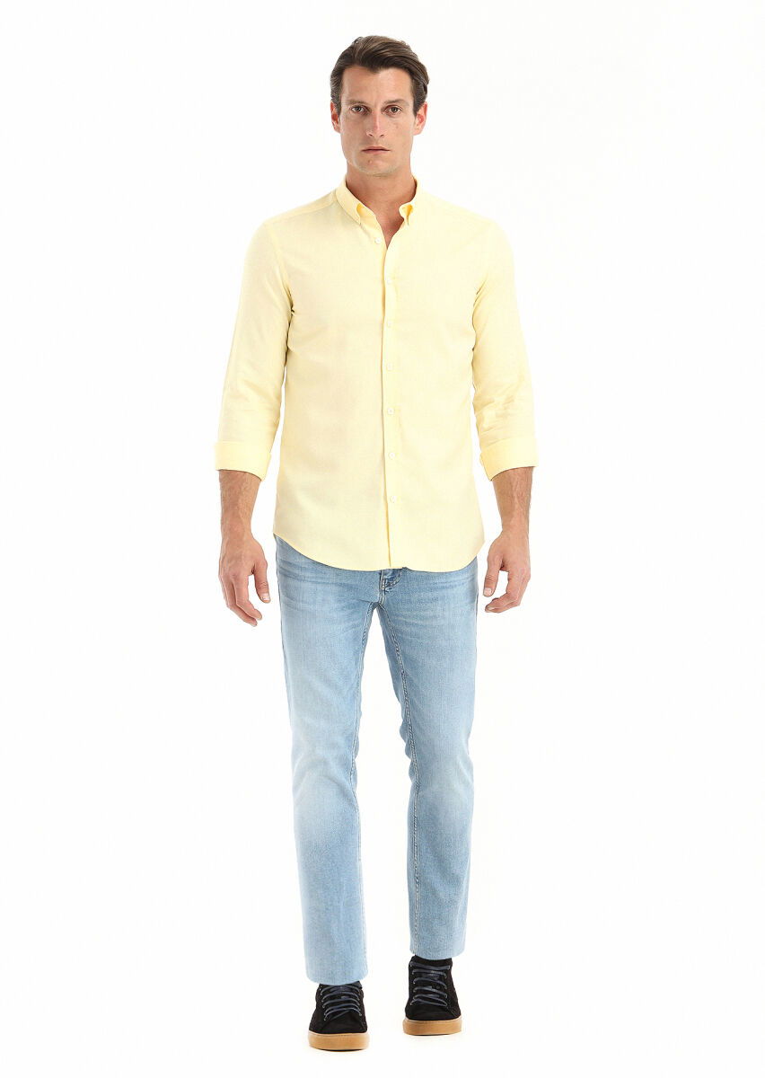 Sarı Düz Slim Fit Dokuma Casual %100 Pamuk Gömlek - 1
