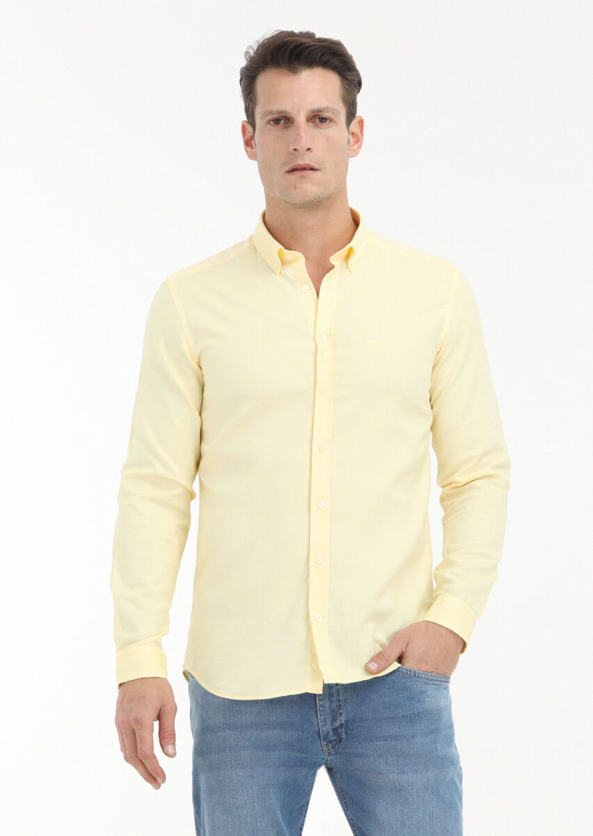 Sarı Düz Slim Fit Dokuma Casual %100 Pamuk Gömlek - 2
