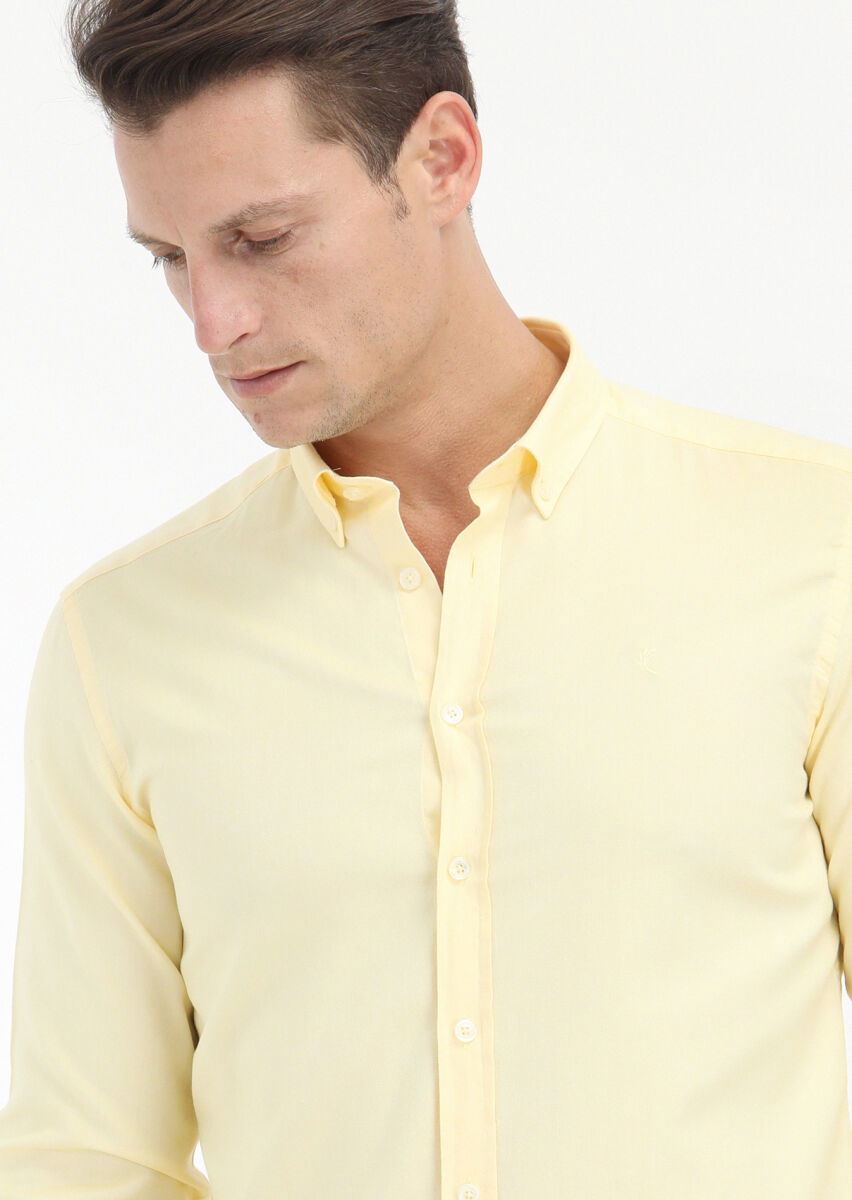 Sarı Düz Slim Fit Dokuma Casual %100 Pamuk Gömlek - 3