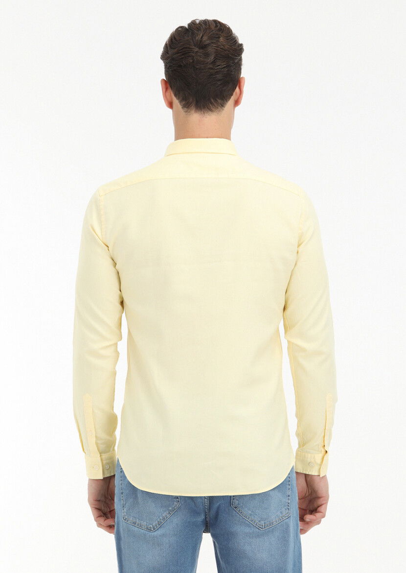 Sarı Düz Slim Fit Dokuma Casual %100 Pamuk Gömlek - 4