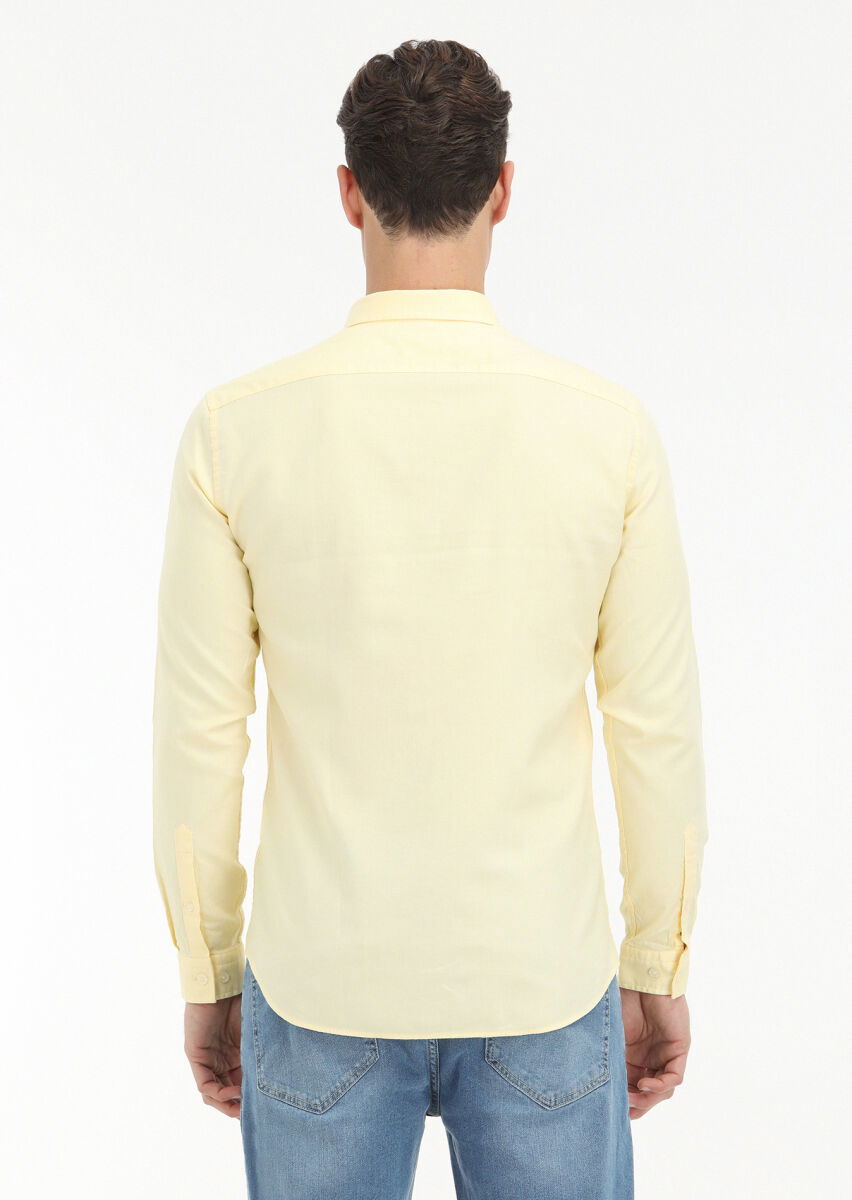 Sarı Düz Slim Fit Dokuma Casual %100 Pamuk Gömlek - 4