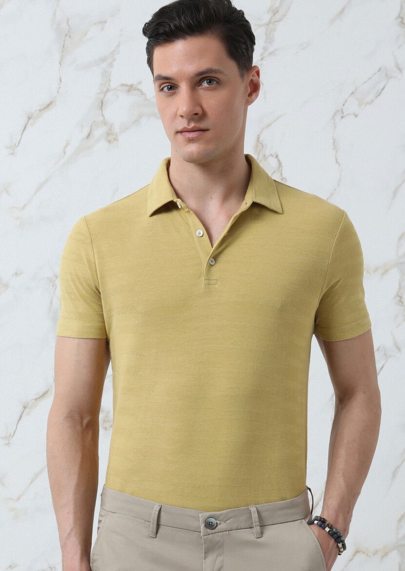 Sarı Jakarlı Polo Yaka %100 Pamuk T-Shirt 