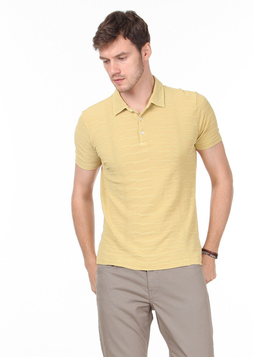 Sarı Polo Yaka %100 Pamuk T-Shirt - 3