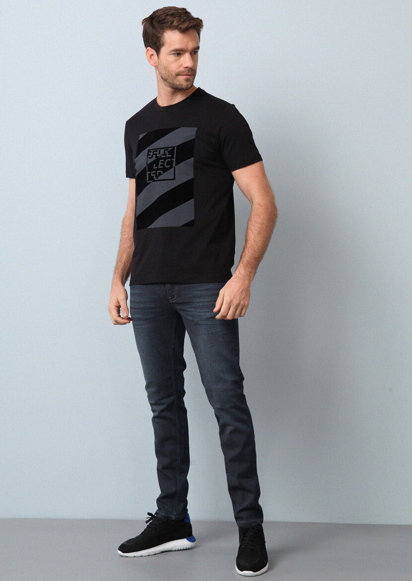 Siyah Baskılı %100 Pamuk T-Shirt 