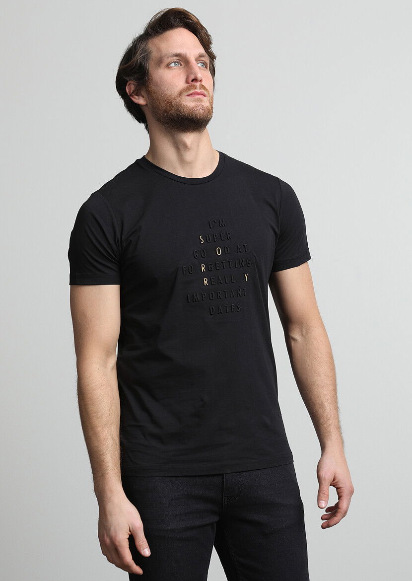 Siyah Baskılı %100 Pamuk T-Shirt - 2