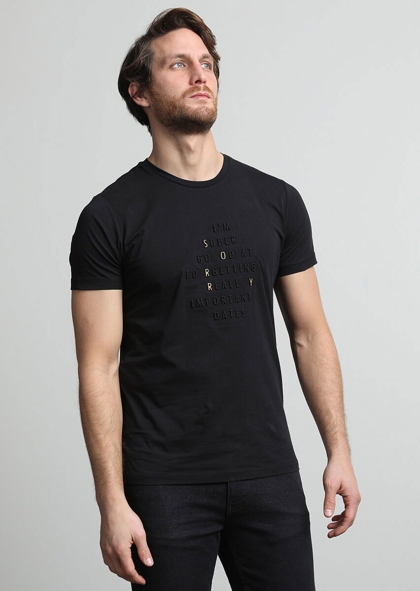 Siyah Baskılı %100 Pamuk T-Shirt - 2