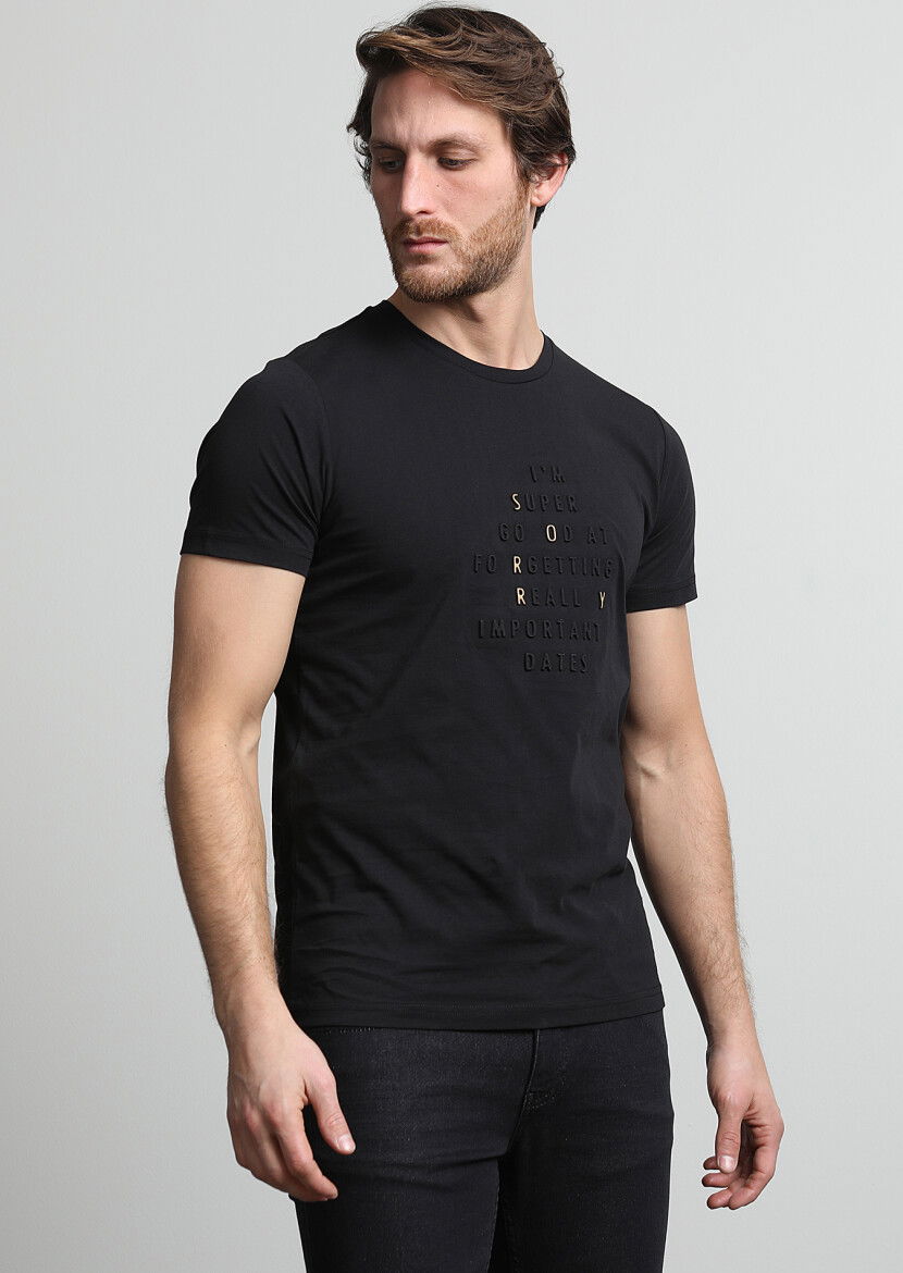 Siyah Baskılı %100 Pamuk T-Shirt - 3
