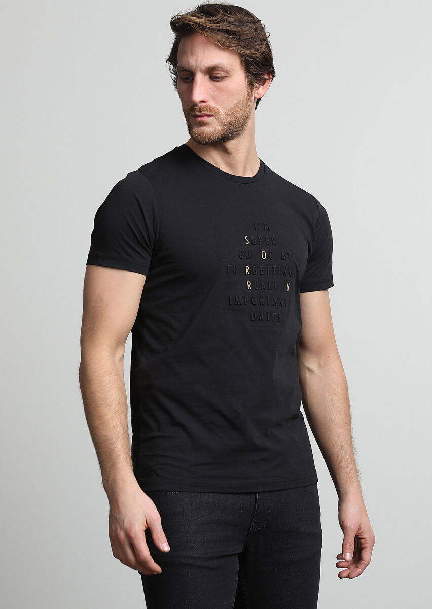 Siyah Baskılı %100 Pamuk T-Shirt - 3