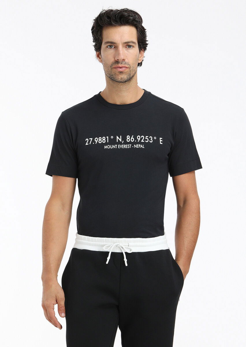 Siyah Baskılı Bisiklet Yaka %100 Pamuk T-Shirt - 2