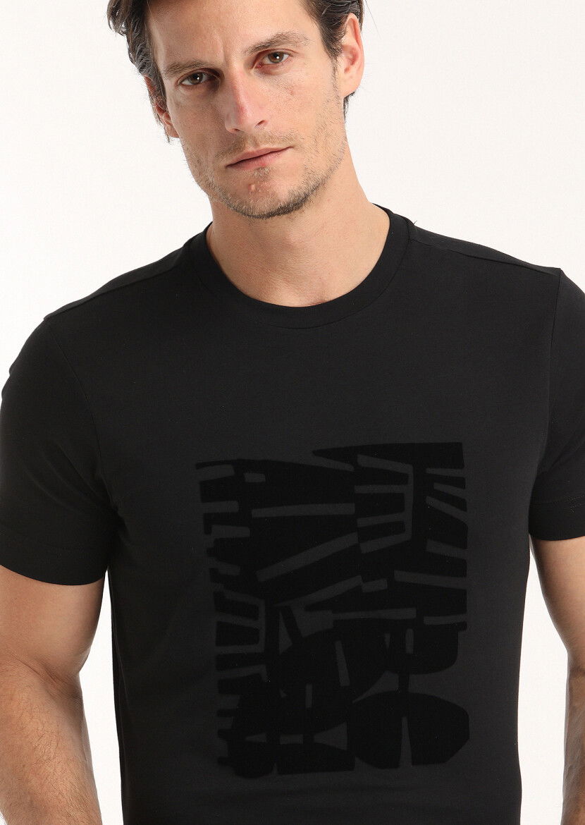 Siyah Baskılı Bisiklet Yaka %100 Pamuk T-Shirt 