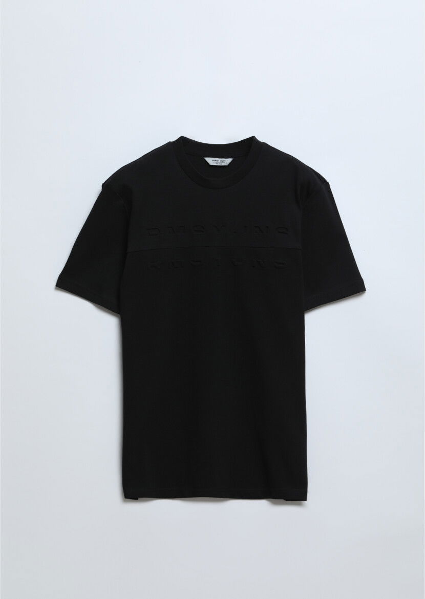 Siyah Baskılı Bisiklet Yaka %100 Pamuk T-Shirt - 6