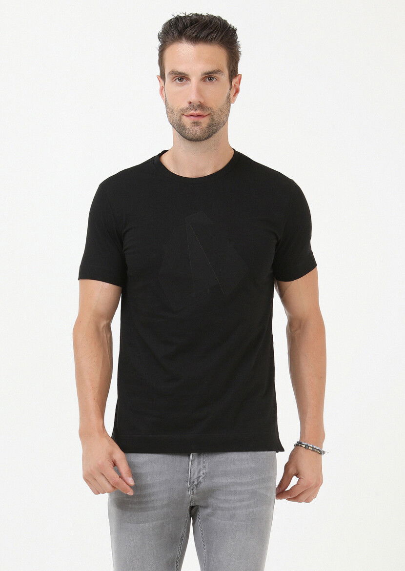 Siyah Baskılı Bisiklet Yaka Pamuk Karışımlı T-Shirt 