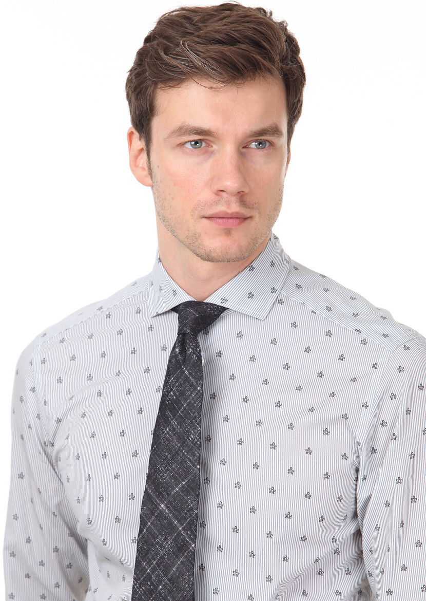 Siyah Baskılı Slim Fit Dokuma Casual %100 Pamuk Gömlek 