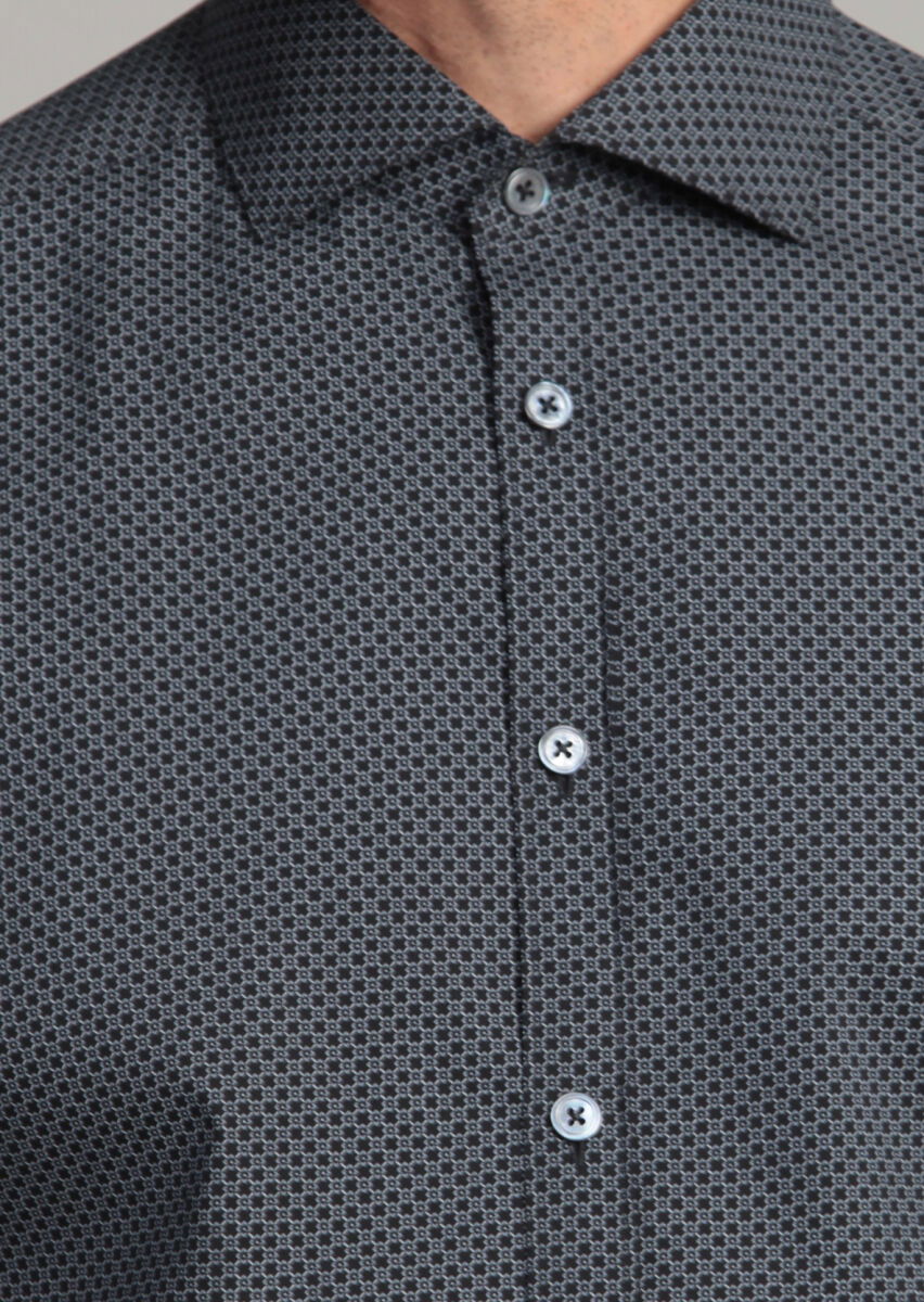 Siyah Baskılı Slim Fit Dokuma Klasik Pamuk Karışımlı Gömlek - 4