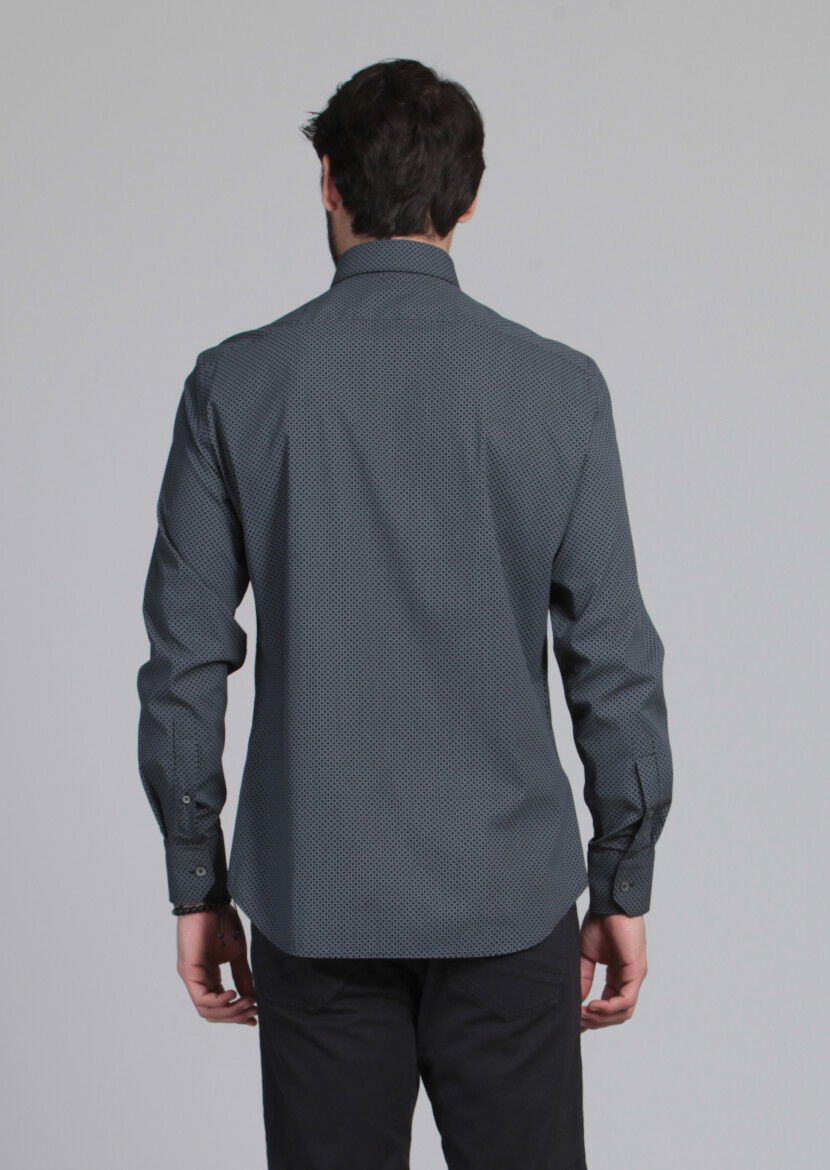 Siyah Baskılı Slim Fit Dokuma Klasik Pamuk Karışımlı Gömlek - 5