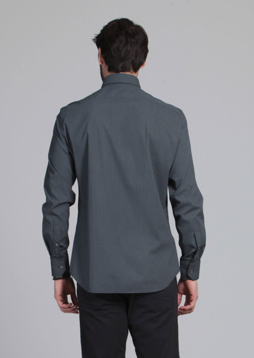 Siyah Baskılı Slim Fit Dokuma Klasik Pamuk Karışımlı Gömlek - 5