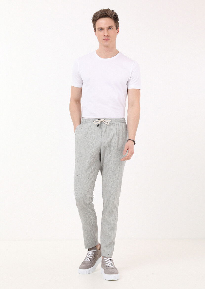 Siyah Çizgili Dokuma Jogging Fit Casual Pamuk Karışımlı Pantolon - 1