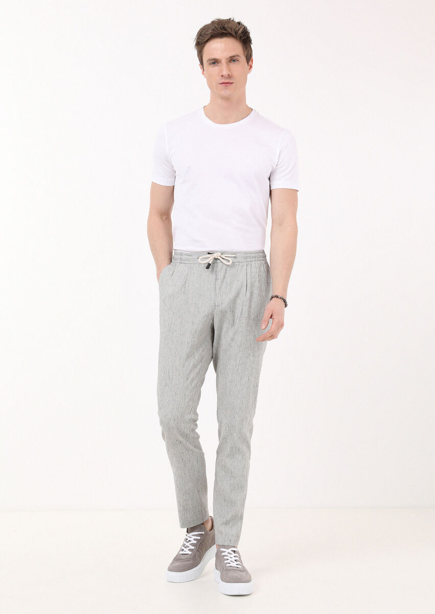 Siyah Çizgili Dokuma Jogging Fit Casual Pamuk Karışımlı Pantolon - 1