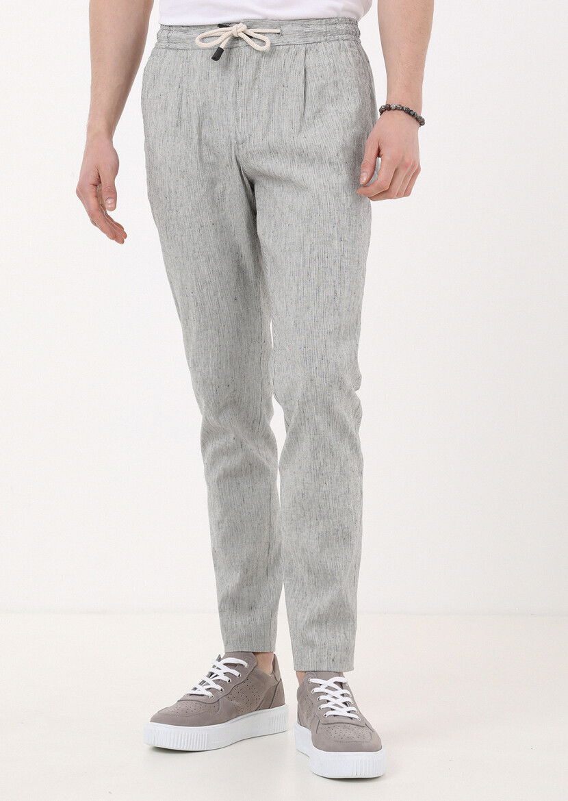 Siyah Çizgili Dokuma Jogging Fit Casual Pamuk Karışımlı Pantolon - 4