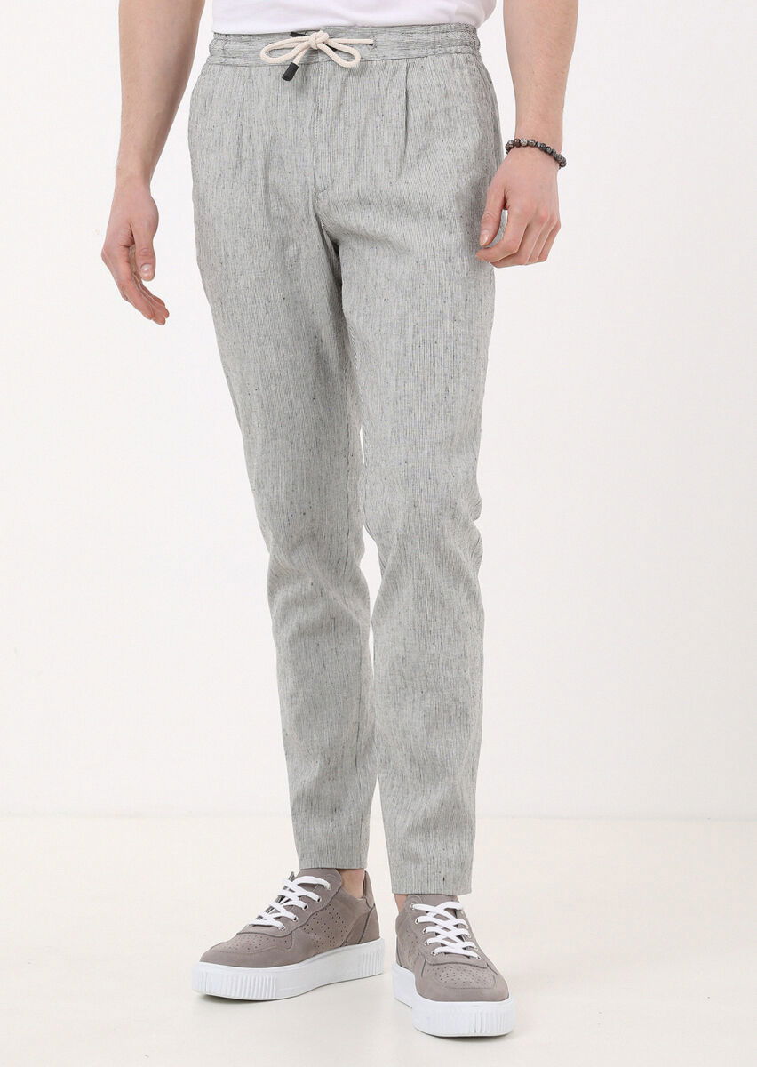 Siyah Çizgili Dokuma Jogging Fit Casual Pamuk Karışımlı Pantolon - 4