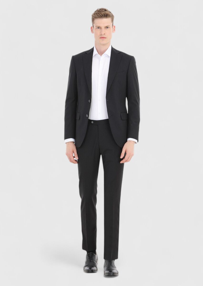 Siyah Çizgili Modern Fit %100 Yün Takım Elbise - 1