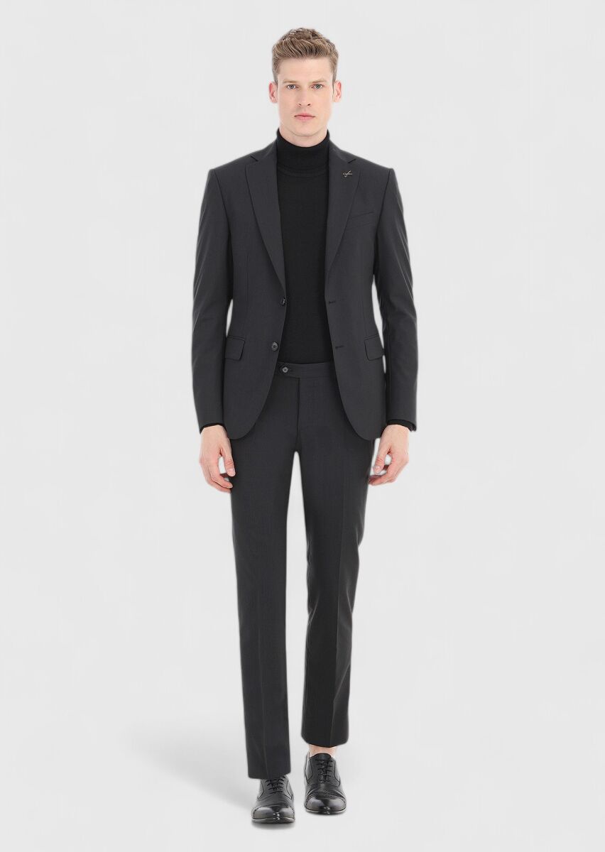 Siyah Çizgili Modern Fit %100 Yün Takım Elbise - 1