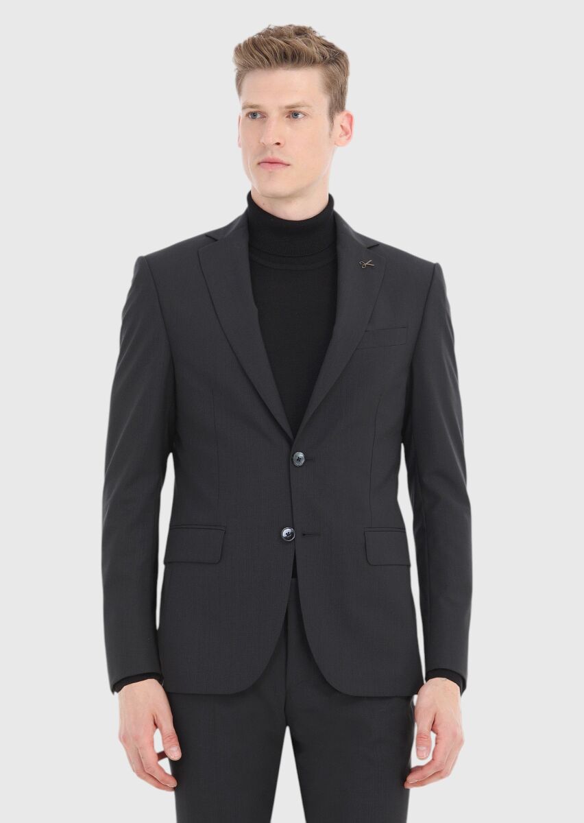 Siyah Çizgili Modern Fit %100 Yün Takım Elbise - 2